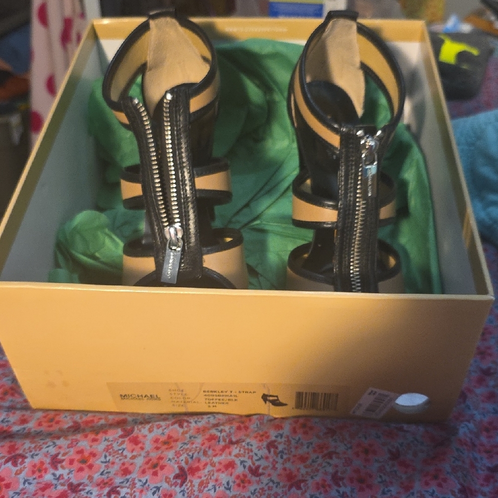 Michael Kors Black and Tan Strappy Heels with Zipper